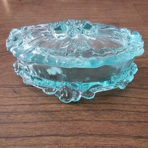 Vintage Fenton Aqua Glass Trinket Dresser Lidded Box